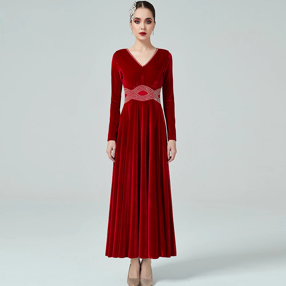 

Женское платье платья для конкурса бальных танцев Waltz, стандартные танцевальные платья, бархатный рукав, большой подол с оборками