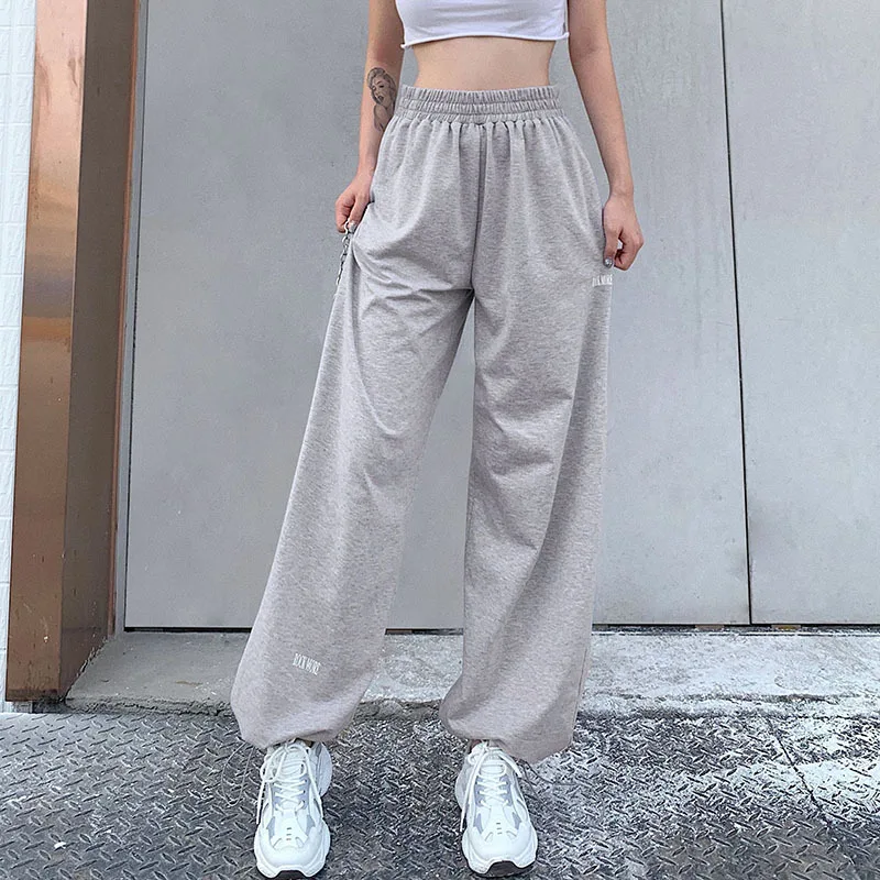 

female basic sports casual loose pants elastic waist letter pattern grey color fashion ladies hip hop autumn trousers bottoms