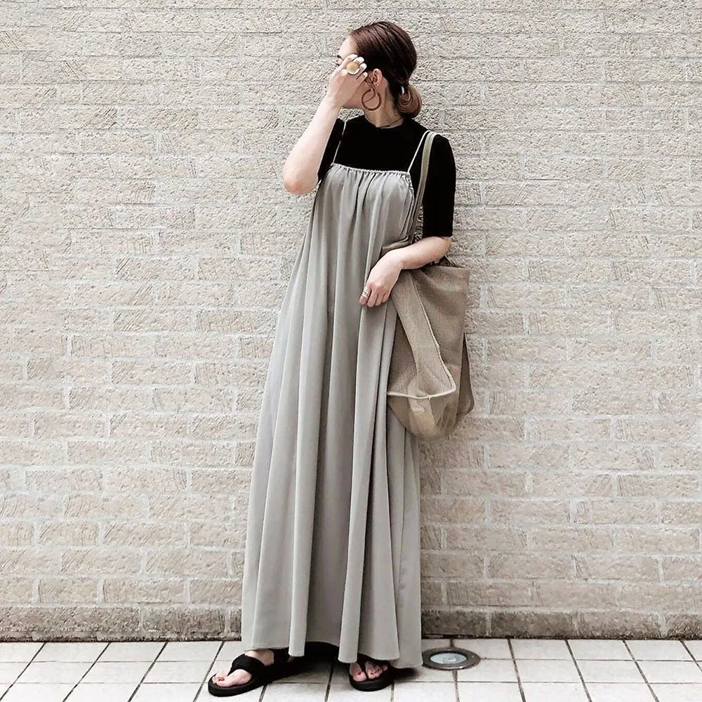 Women Casual Long Dress Summer Plain 2020 Korean Janpanese Style Loose Spaghetti Strap Dresses Pleated Female Maxi | Женская одежда