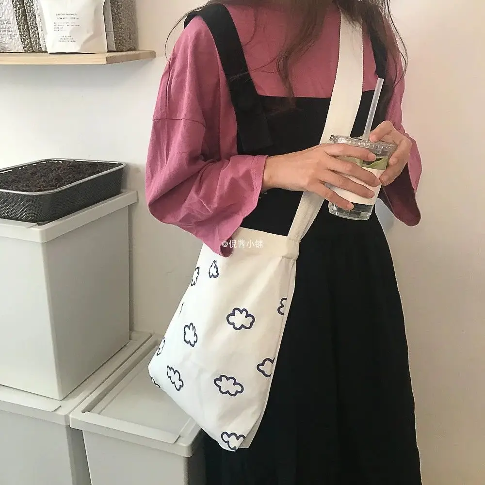 

Fashion Canvas Women Large Shoulder Crossbody Bags Cartoon Clouds Ladies Foldable Shopping Handbags Girls Student Casual Tote