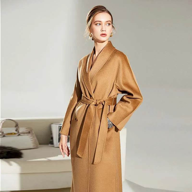 

2021 Woman Long Jacket Water Wave Cashmere Double-sided Tweed Outwear Female Fashion Pure Color Slim Wool Coat Winter Womenswear