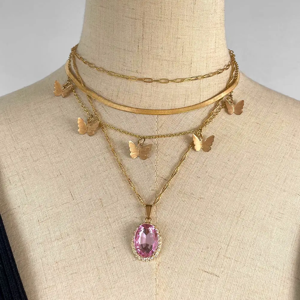 

Fashion Multilayer Golden Metal Butterfly Snake Chain Necklace For Women Bling Oval Crystal Pendant Necklaces 2021 New Jewelry