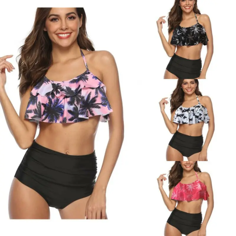 

Летний женский сексуальный комплект бикини с оборками и открытыми плечами, купальник с высокой талией, купальный костюм от солнца