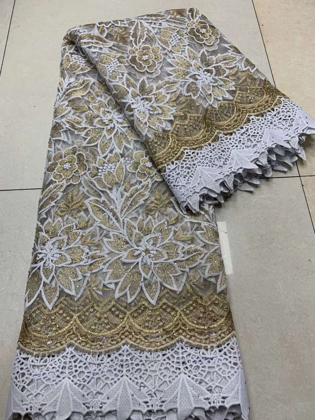 

Gold+White african net lace embroidery nigerian mesh fabric with stones 5yards high quality french tulle lace fabrics for sewing