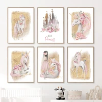 princess white horse castle pink rose wall art canvas painting nordic posters and prints wall pictures for girls kids room decor