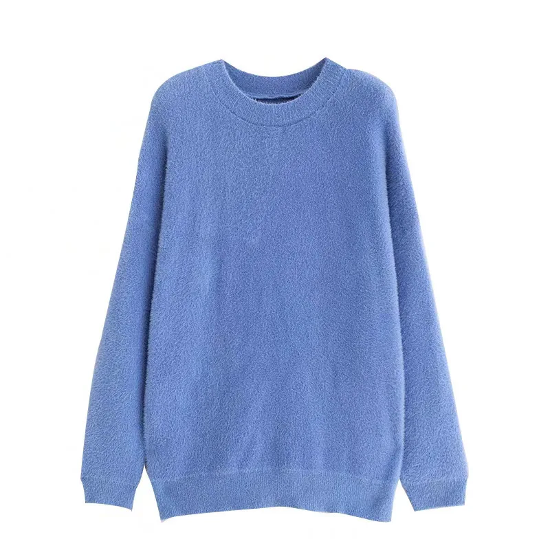 

Autumn and winter fashion all-match imitation mink velvet lazy knit sweater women solid color long-sleeved round neck women