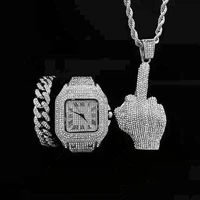 iced out watch necklace bracelet for men luxury diamond gold square watch men bling hip hop jewelry middle finger pendant chain