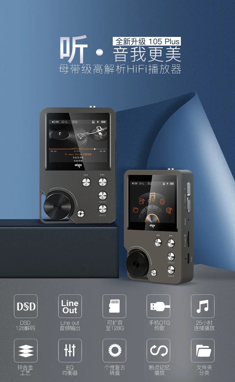 Aigo MP3-105plus Hi-res Цифровой музыкальный плеер Hifi Flac плеер портативный MP3 плеер мини плеер без потерь музыка с осыпками