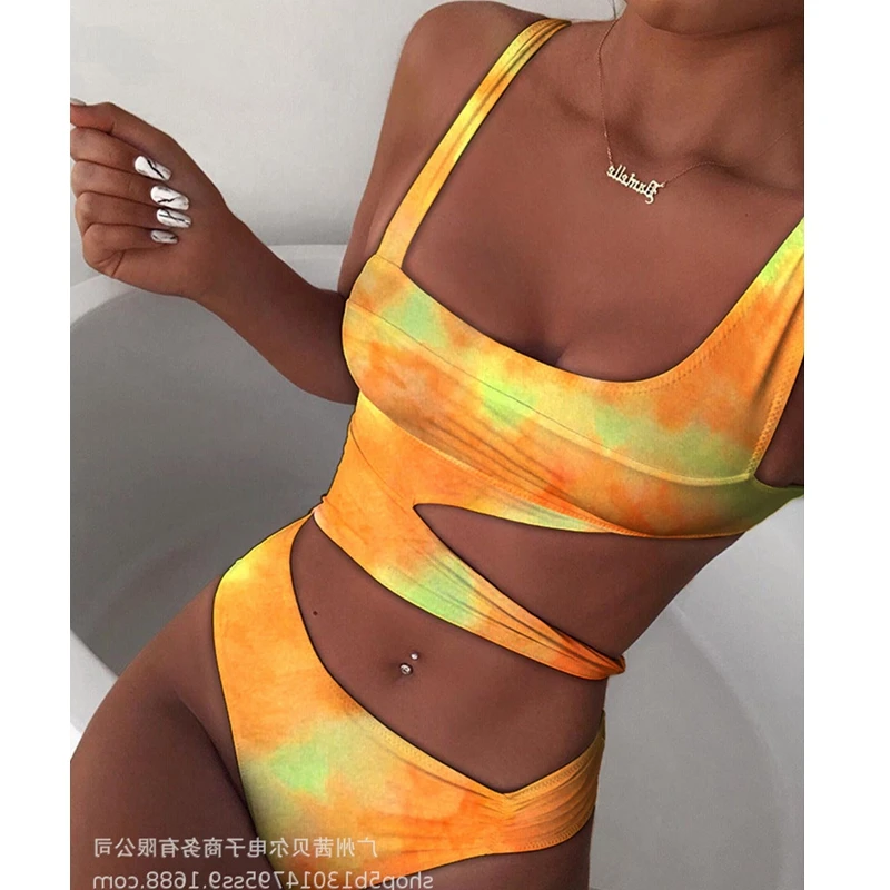 

Wepbel Thong Bikini Bath Suits Sexy Swimsuits Tie-Dye Women's Swimsuit Hollow Out Beachwear Swimwear Sexy High Waist