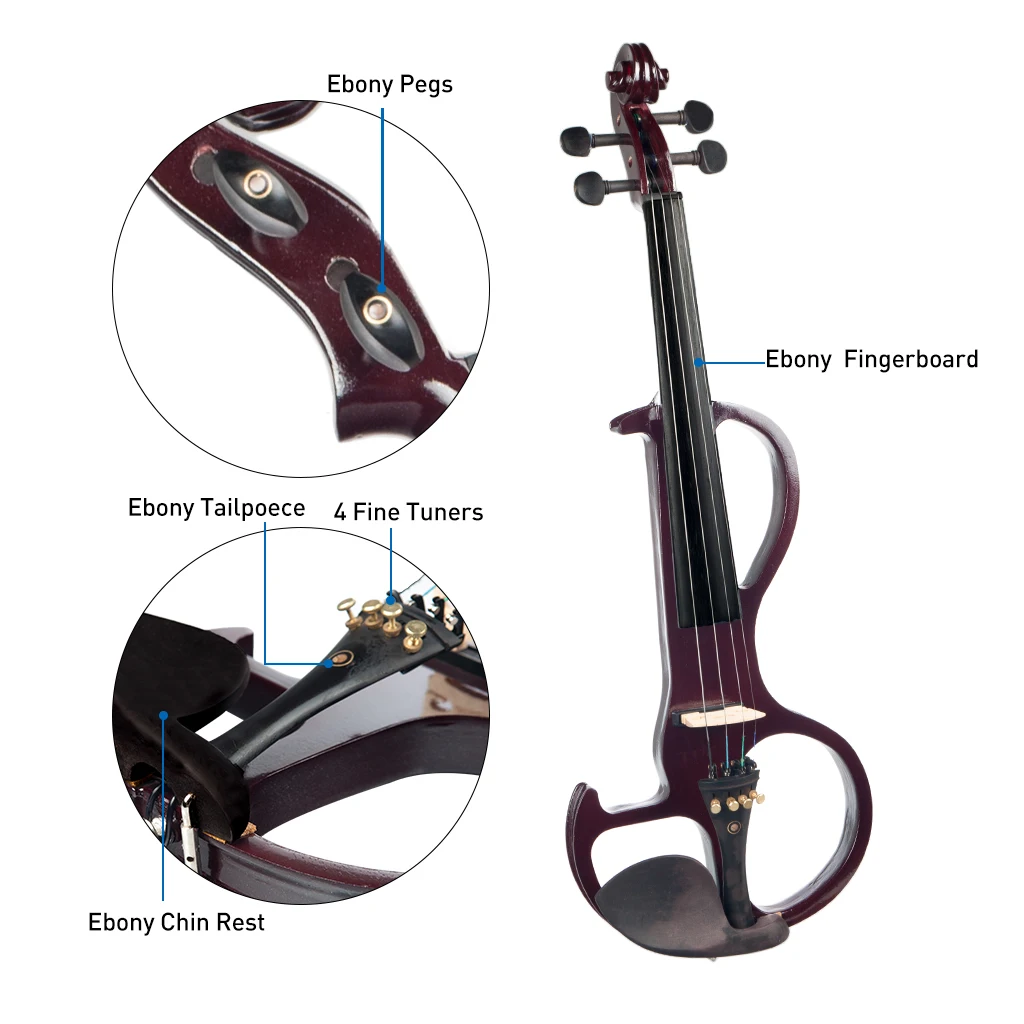 Silent Electric Solid Wood Violin with Ebony Fittings in Metallic Red Size 4/4 Free Violin Case+Bag+Rosin+Bridge+Bow+Cable+Tuner enlarge