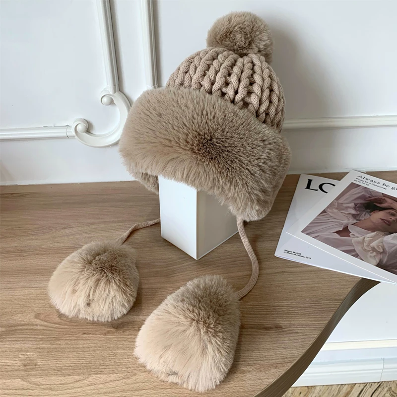 Женская зимняя шапка 2021 норковая вязаная шапка-бомбер плотная женская с пушистым