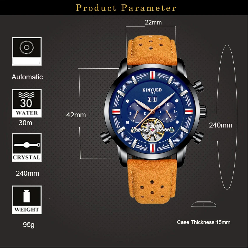 

KINYUED Top Brand 42mm Mechanical Wristwatches Tourbillon Skeleton Automatic Watch Male Clock Sport Waterproof montre homme New