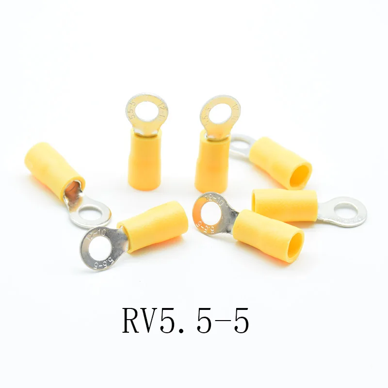 50 шт./упак. RV5.5-4/5/6/8/10/12 желтый изолированный терминал кольца Костюм 4-6mm2 кабель для соединения проводов обжимной терминал AWG