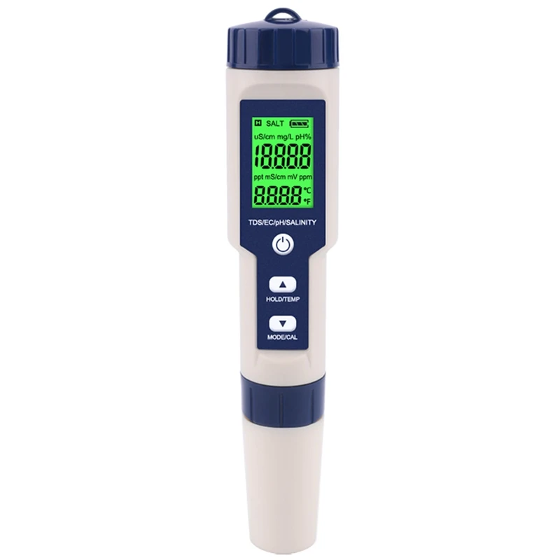 

SHGO HOT-5 in 1 TDS/EC/PH/Salinity/Temperature Meter Digital Water Quality Monitor Tester for Pools, Drinking Water, Aquariums(w