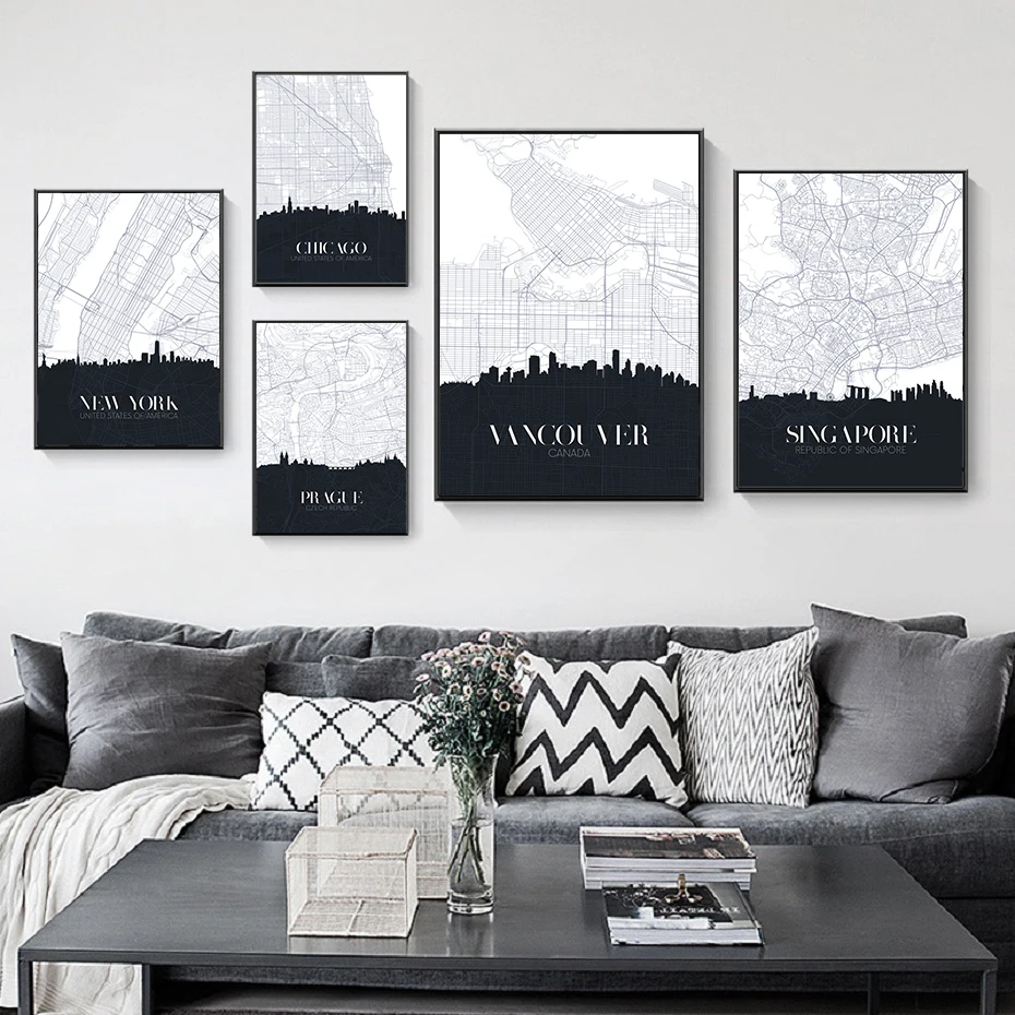 

Настенная картина с изображением знаменитого города Нью-Йорка, Сингапура, черно-белого цвета, постеры для гостиной, домашний декор