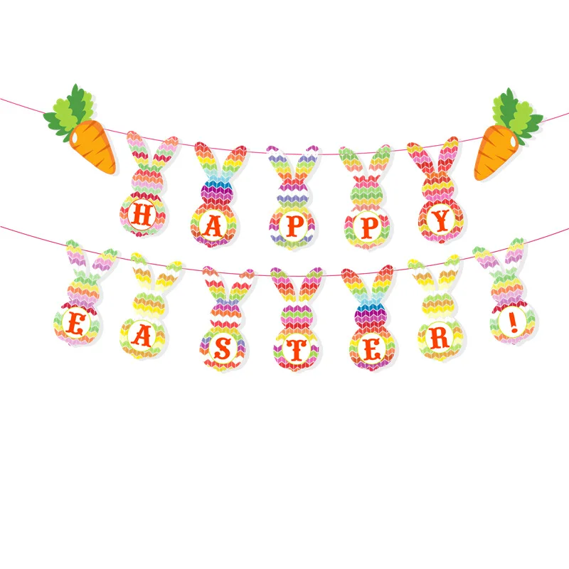 14pxs New Easter Party Cartoon Rabbit Pulling Flag Easter Festival Theme Decoration Banner Pulling Flower
