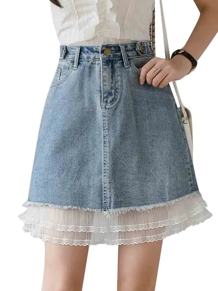 

Blue Denim Skirt for Women 2021 Summer New Women Lace A Line Denim Skirt Casual Girl's Street Wear Skirt