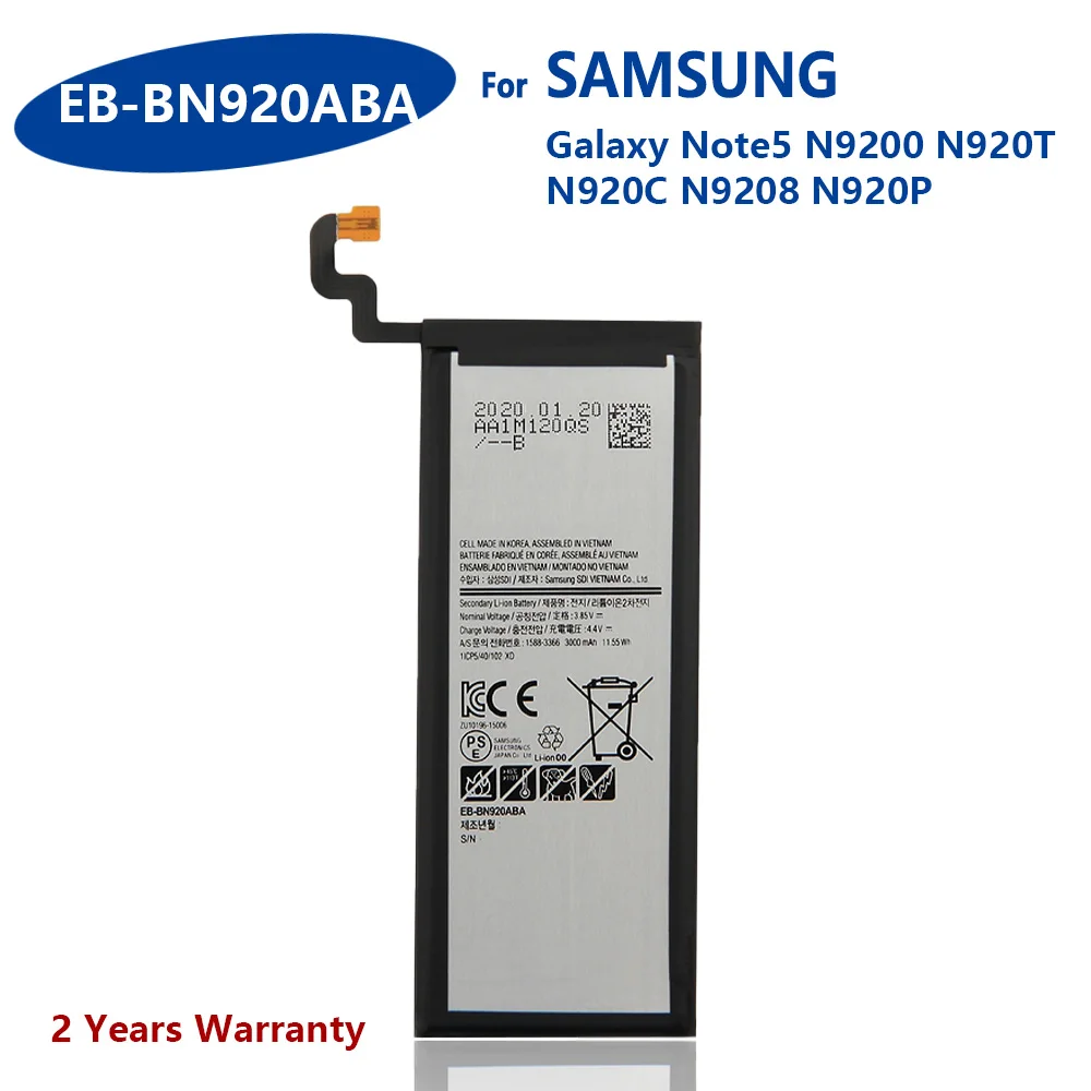 

100% Genuine EB-BN920ABE Battery For Samsung GALAXY Note 5 N9200 N920t N920c Note5 SM-N9208 EB-BN920ABA 3000mAh Phone Batteries