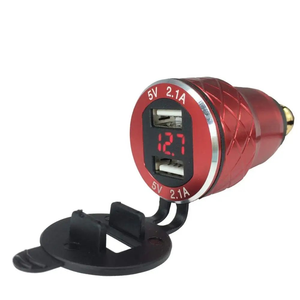 Зарядное устройство DIN to USB для мотоцикла Triumph Tiger 800 on с выходом 5В 2,1А, розеткой питания, вольтметром и корпусом из алюминиевого сплава.