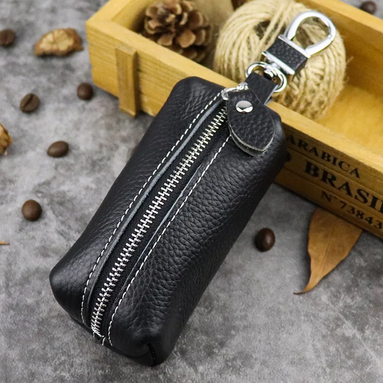 Черный Genuine Leather Car Key Protection Case Men Keychain Coin Purse Casual Housekeeper Holders Zipper Key Covers Wallet Unisex - Цвет: Черный