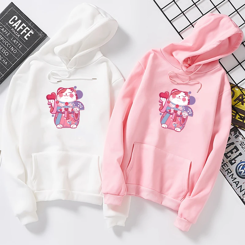 

Winter Japanese Lucky Cat Printed Warm Hoodies for Women Hip Hop Oversize Sweatshirts Streetwear Hoody Sudaderas Mujer 2019
