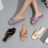 fashion casual solid color cross knitting hollow open toe shoes summer 2021 new flat bottomed outdoor female leather slippers