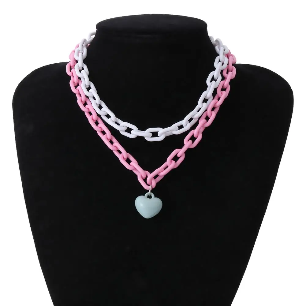 

Punk Multilayer Lover Heart Pendant Choker Necklace Women Collares Acrylic CCB Big Thick Chain Necklace Collier Couple Jewelry