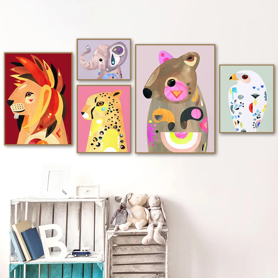 Красочный слон лев леопард Медведь Кролик настенная Картина на холсте