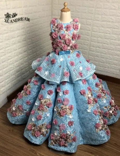 blue Г. XUANDREAM, красивые вечерние платья vestidos de primera comunion для маленьких детей, пышная юбка Платья с цветочным узором для девочек - Цвет: blue