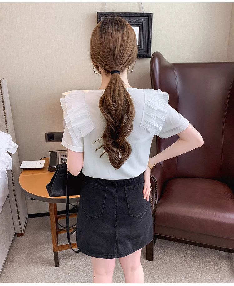 

Knitted Ruffle Clothing Women blusa feminina Short Sleeve Sweater 2021 Summer New Round Neck White Black Ladies Top 223B