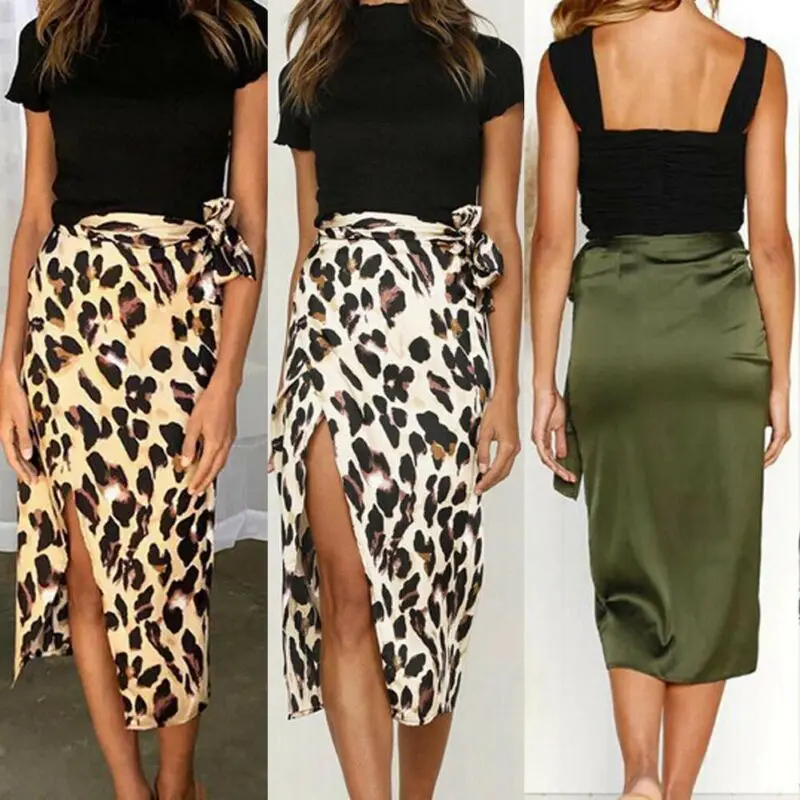 Женская миди юбка лето элегантная Высокая талия леопардовый принт бандажные