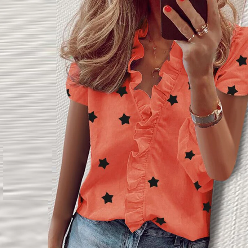 

Ruffle Daisy Stars Print Spring Blouse Shirts Women Elegant Leisure Top 2020 New Summer Sexy V Neck Long Sleeve Blusas Plus Size