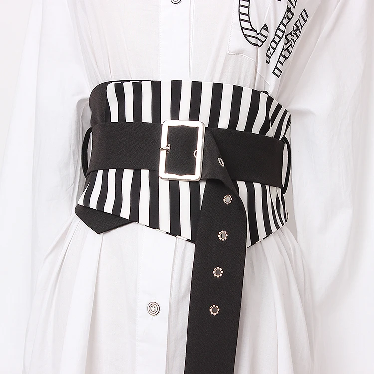 

Women's Runway Fashion white black stripe Cummerbunds Female Dress Corsets Waistband Belts Decoration Wide Belt TB1587