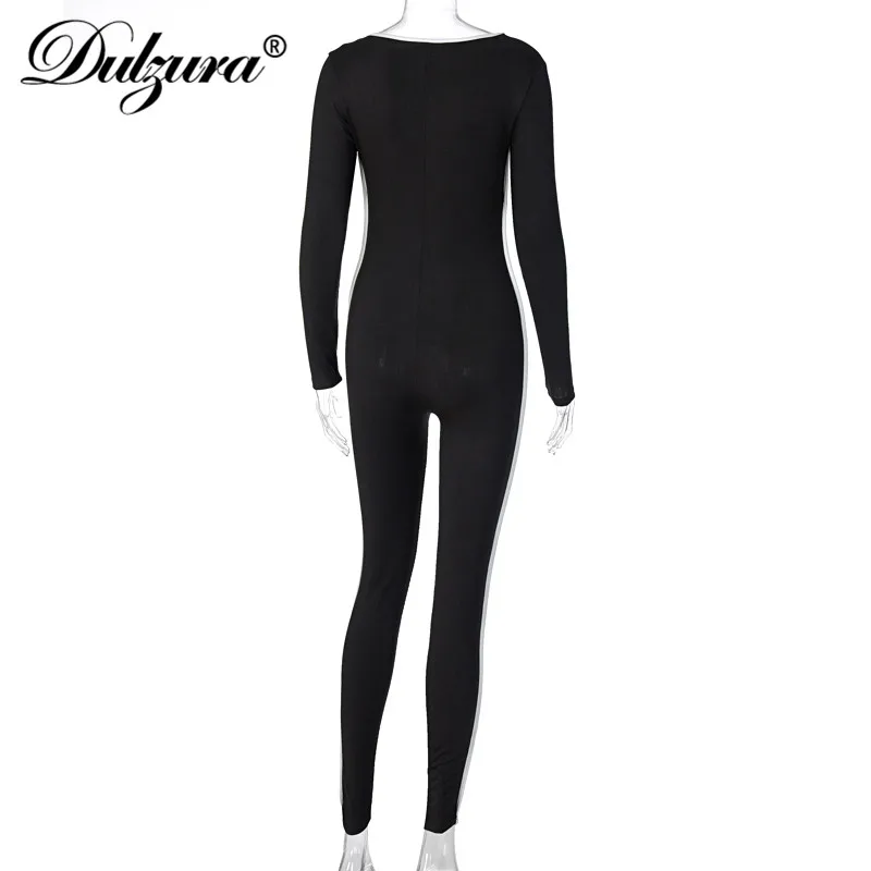

Dulzura Ribbed Patchwork Women Long Sleeve Jumpsuit Side Stripe O Neck Bodycon Sexy Streetwear 2020 Autumn Winter Sporty Romper