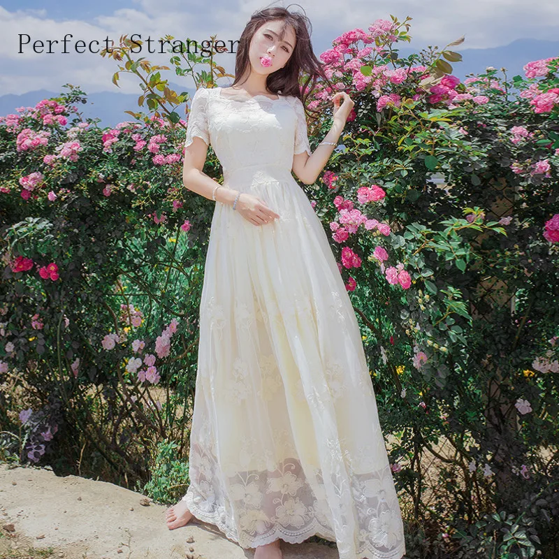 Женское богемное пляжное платье длинное кружевное с коротким рукавом и
