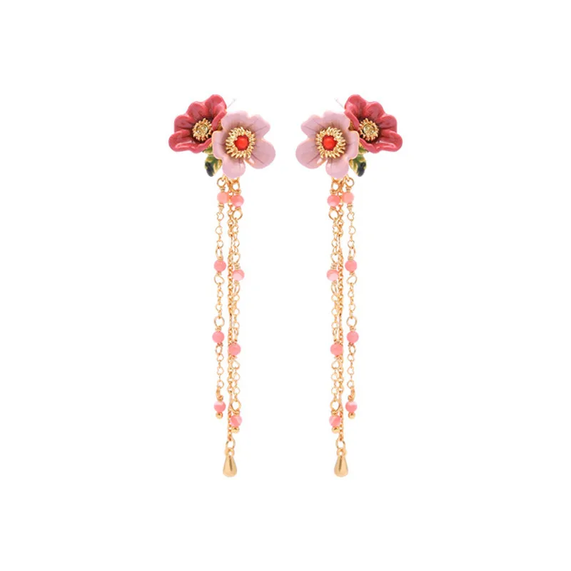 

European and American Two-color Flower Long Tassel Stud Earrings 925 Silver Needle Earrings Temperament Repair Face Niche Design