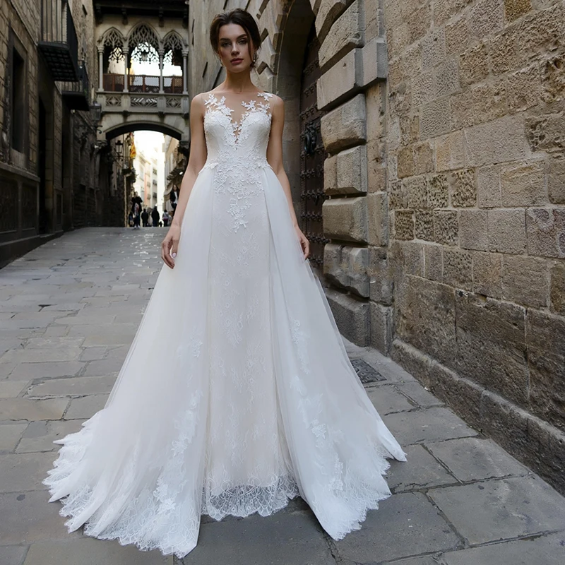 

Mermaid Wedding Dresses with Detachable Train Lace Appliques Tulle Boho Bridal Gowns Button Illusion Vestidos De Noiva 2020