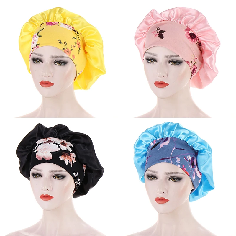 

Popular Nightcap Fashion Beautiful Baotou Cap Woman Satin Hat Four Seasons Wide Elastic Band Floral Print Silky Headwrap
