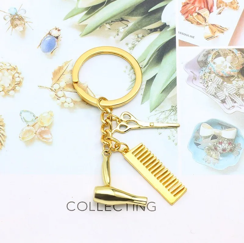 Simple Hair Tools Alloy Keychains Hairstylist Salon Graduation Gifts For Men Comb Scissors Dryer Key Ring Dropshipping