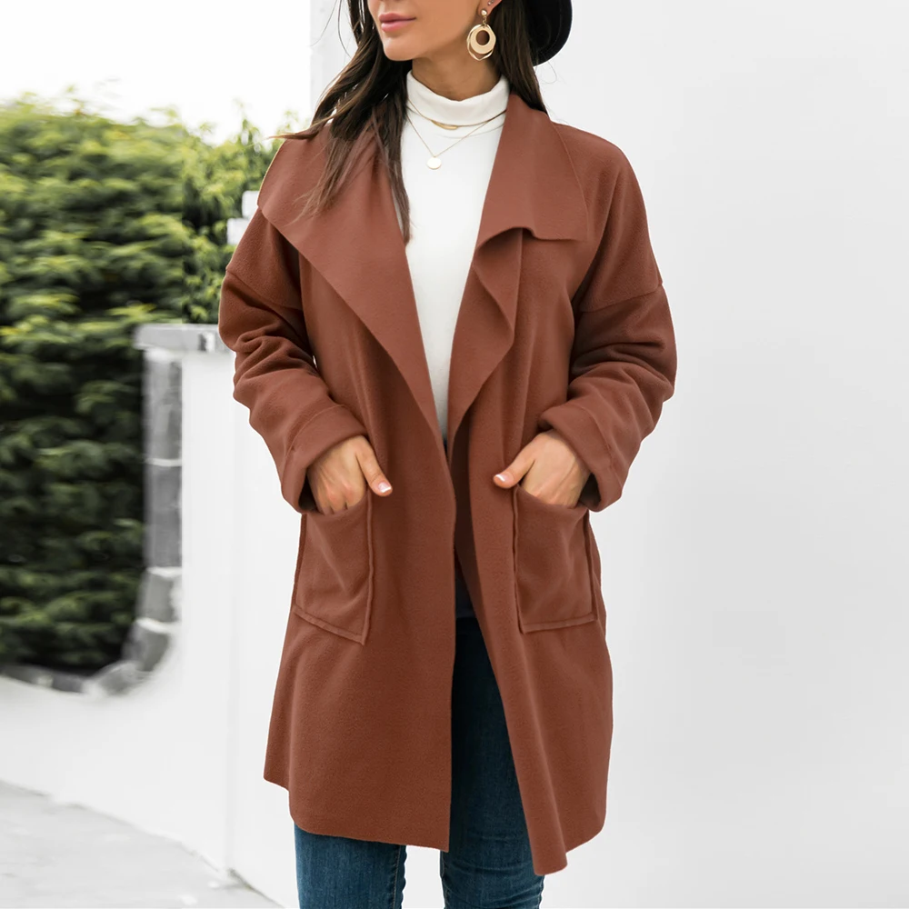 

Модное шерстяное пальто для женщин, Повседневный Кардиган с отложным воротником и открытым спереди, Новое Элегантное дамское пальто, однот...