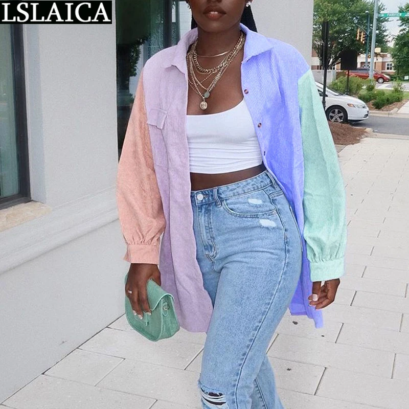 

Plus Size Clothing for Women Casual Long Tops Color Matching Patchwork Long Sleeve Turn-down Collar Female Blouses Woman 2020