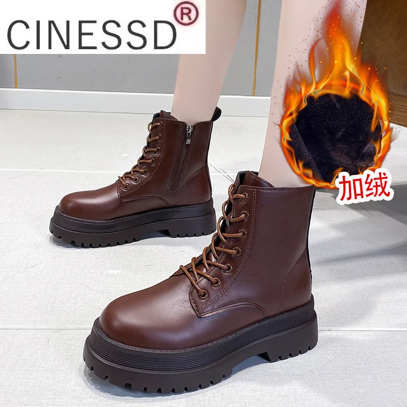 

2022 Autumn Winter Warm New British Ankle Boots Women's Thick Bottom Lace Up Fashion Motorcycle Sports Shoes Botas Mujer Black