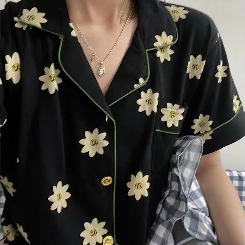 

Korean Pajamas Women Summer Sunflower Pyjamas Sweet Pijamas Loose Casual Lapel Sleepwear Plus Size 2 Piece Sets Soft Home Suit