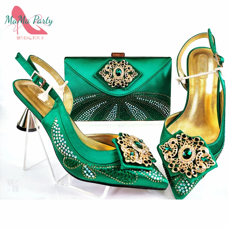 

2021 зима новое поступление в нигерийском стиле, Женский комплект из обуви и сумки в зеленом цвете Цвет украшают Стразы для Свадебная вечерин...