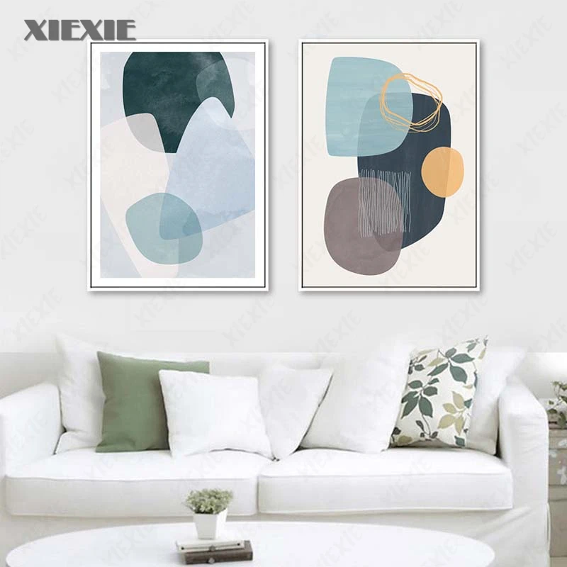 

Abstract Geometric Canvas Painting Grey Blue Graphics Wall Art Poster Print Scandinavian Decorative Picture for Home Decor