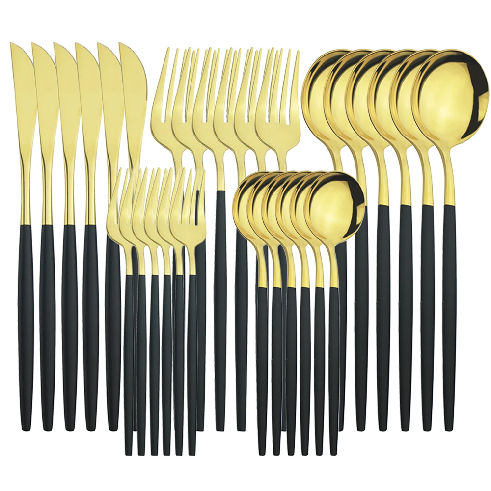 

30pcs/6set Dinnerware Black Gold Knives Fork Coffee Teaspoons Silverware Set Stainless Steel Cutlery Set Kitchen Party Tableware