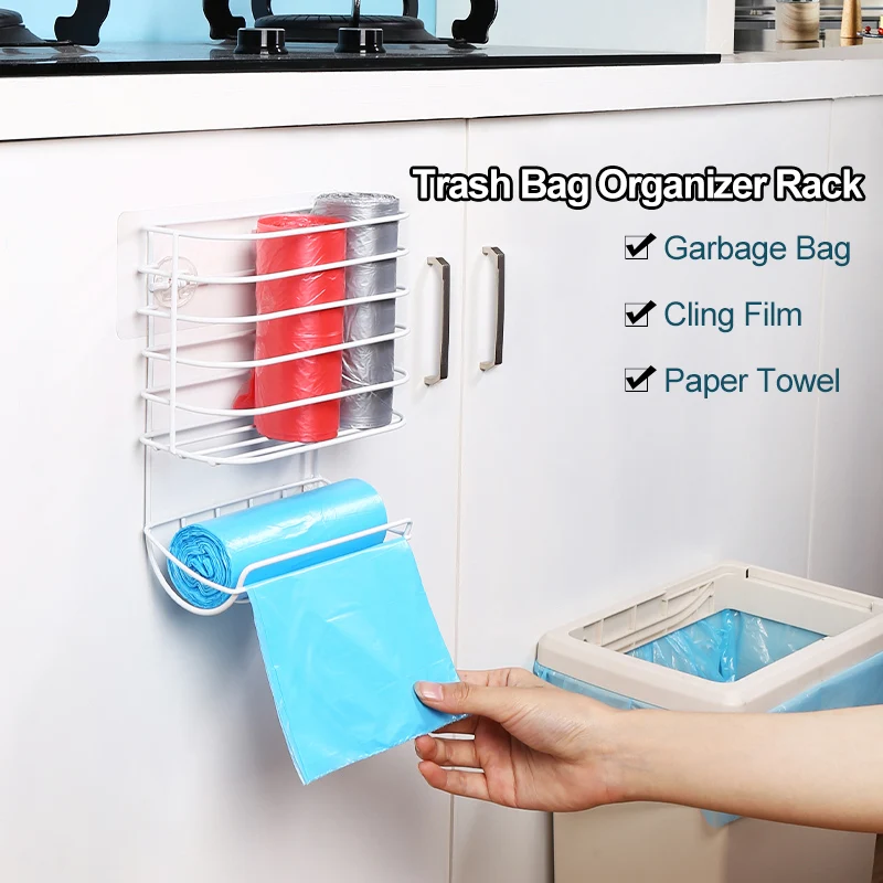 

Kitchen Storage Garbage Bag Rack Trash Bag Organizer Plastic Bag Storage Shelf Wall Mount Punch-Free Carbon Steel Rack