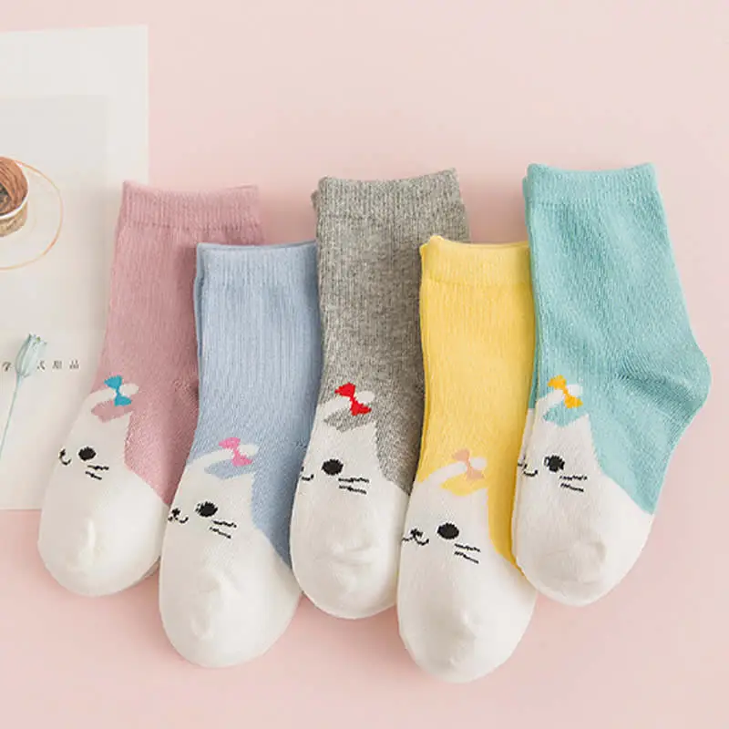 The new children's cartoon small girl students socks pink cat and fish animal print socks fashion baby sneaker socks 5pair
