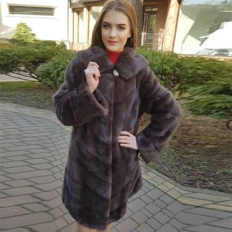 

.Long Fur Jacket Women 2021Winter Real Mink Fur Coat With Hood Stripe Clothes Warm Soft Furry Overcoat