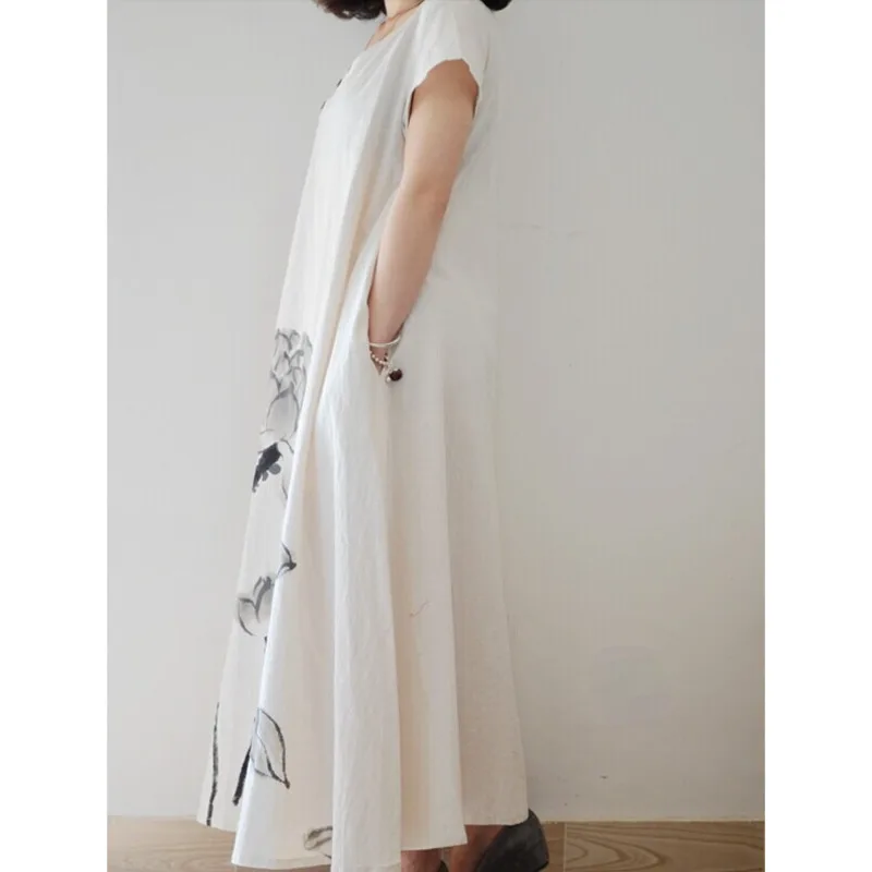 

2020 summer new women's dress retro V-neck ink printed cotton and linen dress loose loose short sleeve dress